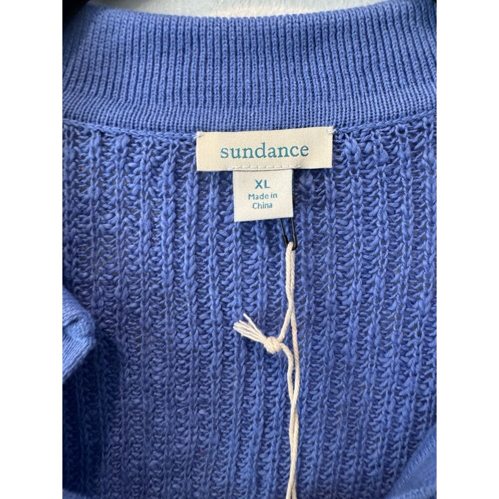 SUNDANCE Open Knit Sweater XL Blue 100% Cotton Pullover V-Neck Lagenlook NEW - Picture 3 of 7